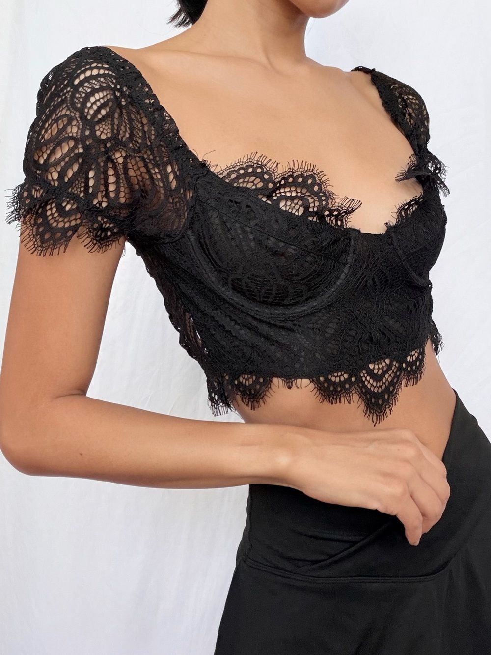 L'EAU Black Lace Underwire Bustier Corset Crop Top XS